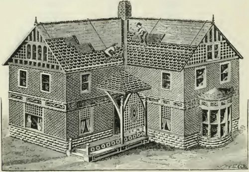 This image from a 1911 catalog from Pedlar People Limited, a sheet metal stamping company, shows a balloon-frame house being clad in its metal shingle siding and roofing.