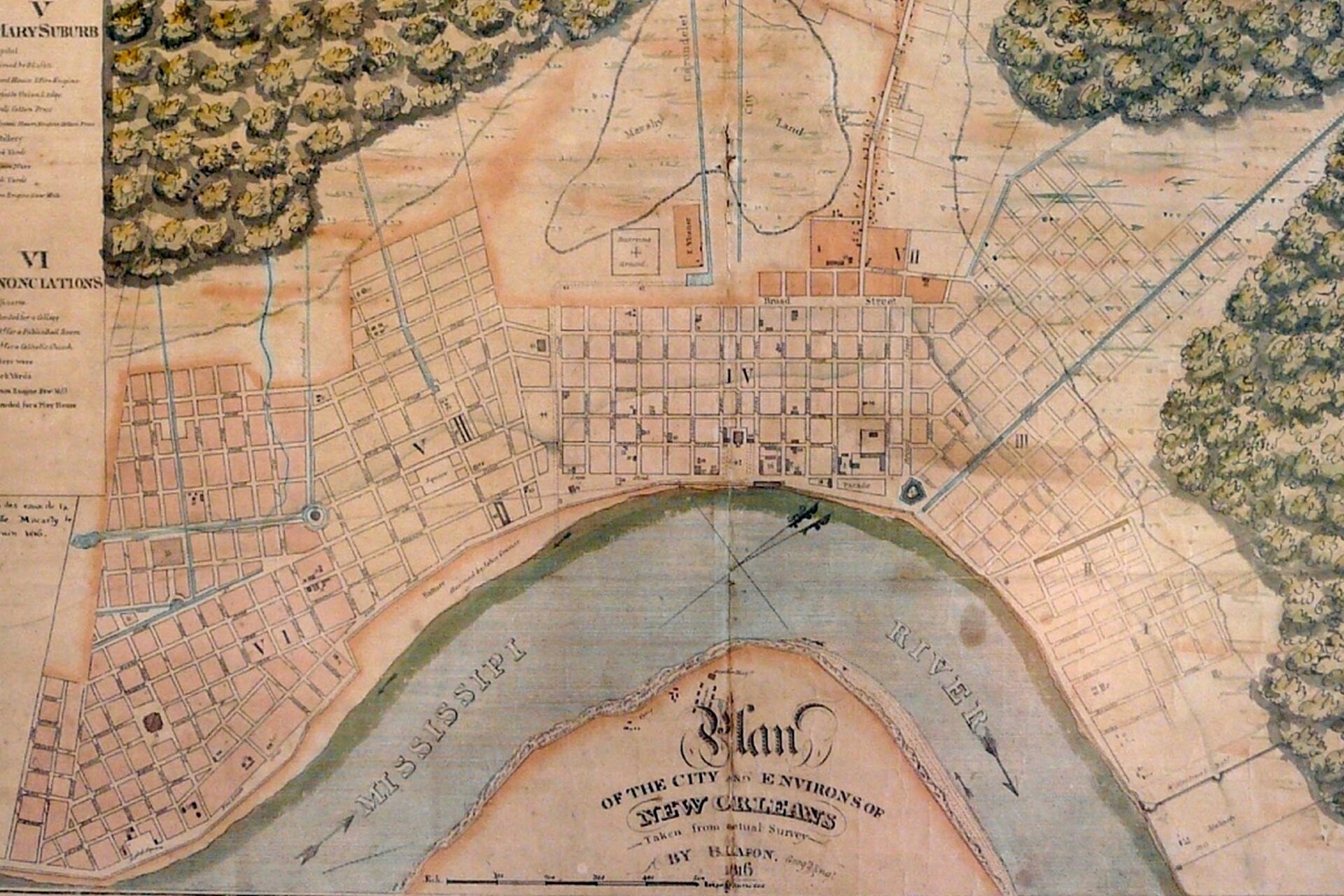 This 1816 map by Lafon shows his water-management designs for today's Lower Garden District at left. Image courtesy Library of Congress