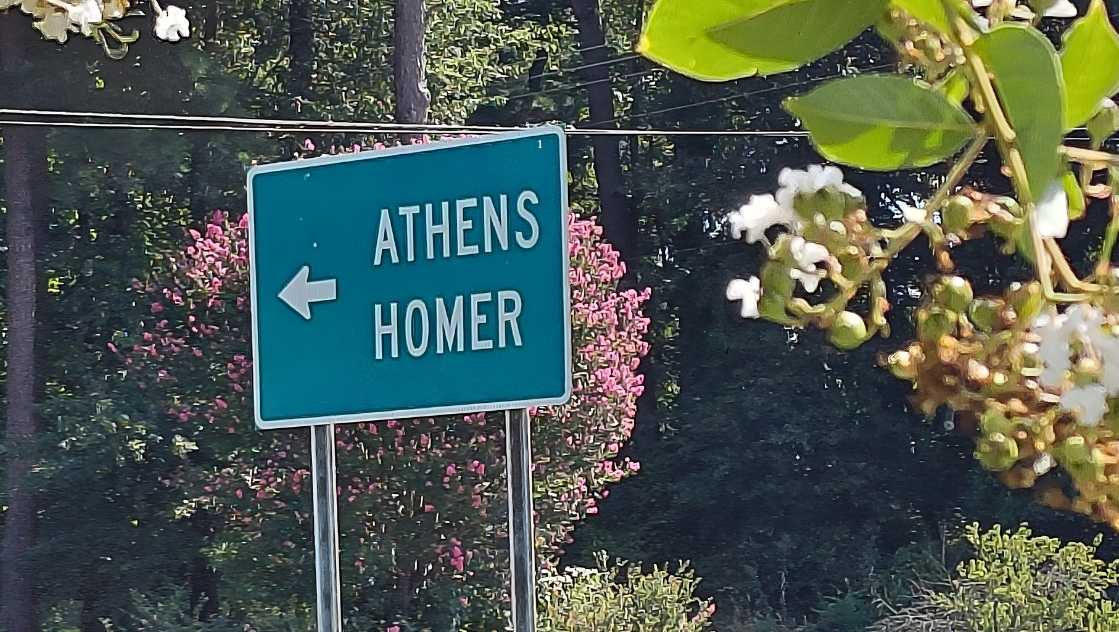 A road sign for Athens and Homer in northwestern Louisiana.