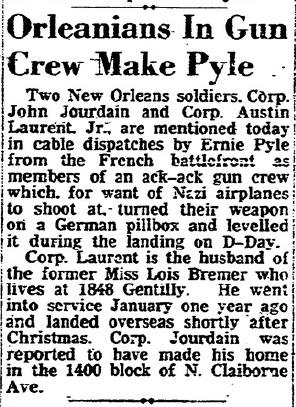 The New Orleans Item of Saturday, July 1, 1944, included a brief story that mentioned Cpl. John Jourdain.
