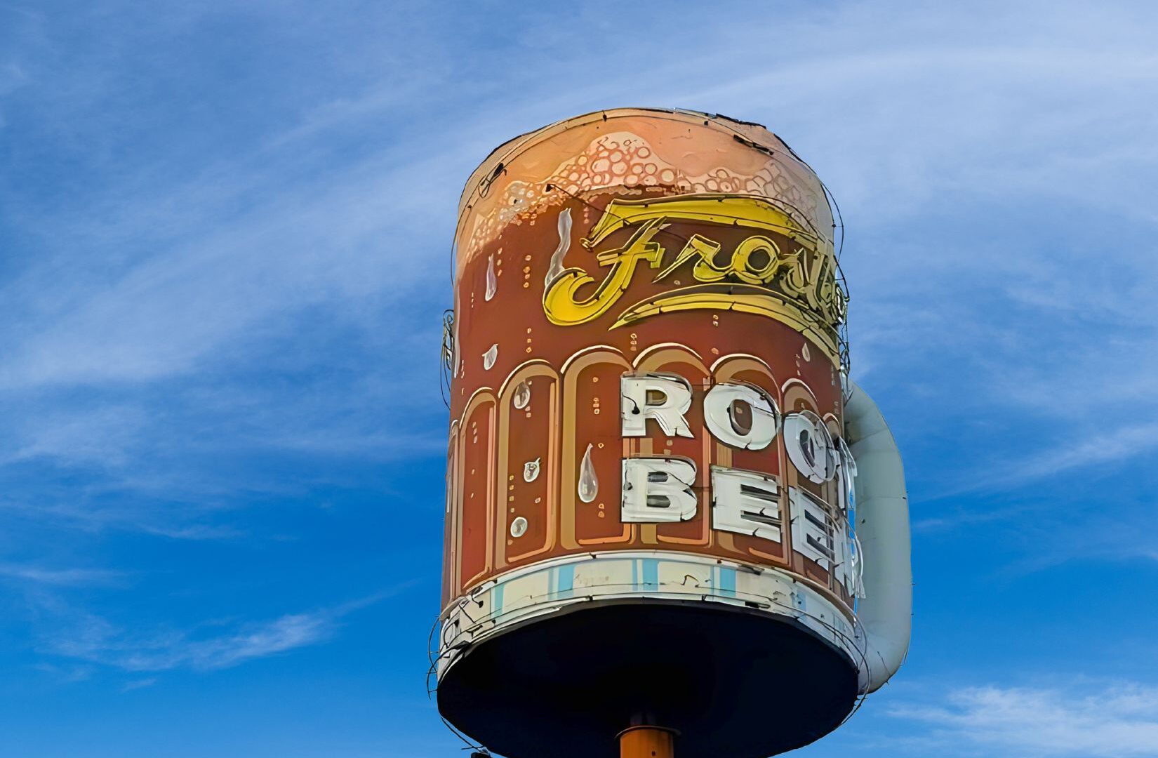 Iconic spinning Root Beer mug sign at Ted's Frostop on Calhoun