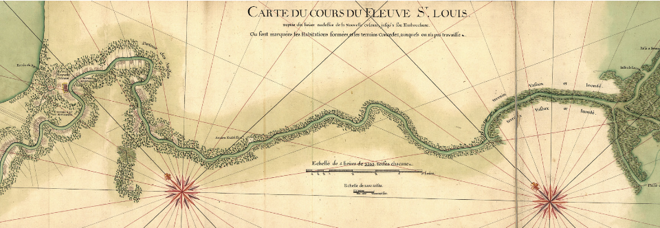 This detail from a 1732 map shows the sequence of meanders Iberville described in his initial expedition up the Mississippi River in 1699. Courtesy of the Library of Congress.