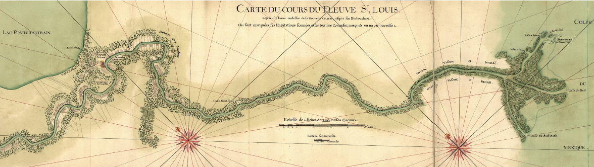 This detail from a 1732 map shows the sequence of meanders Iberville described in his initial expedition up the Mississippi River in 1699. Courtesy of the Library of Congress.