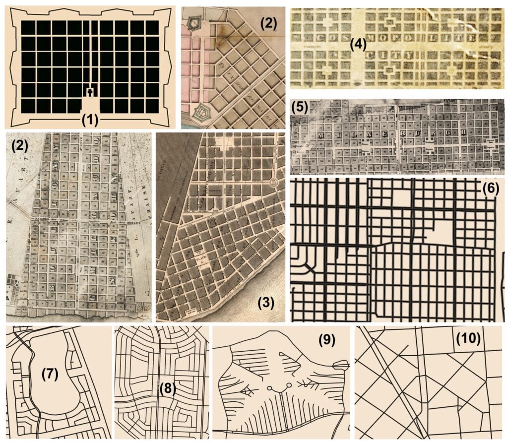 Collage of ten historic maps and street plans illustrating the evolution of New Orleans' street grid and urban development from the city's original French colonial layout to later neighborhood expansions.