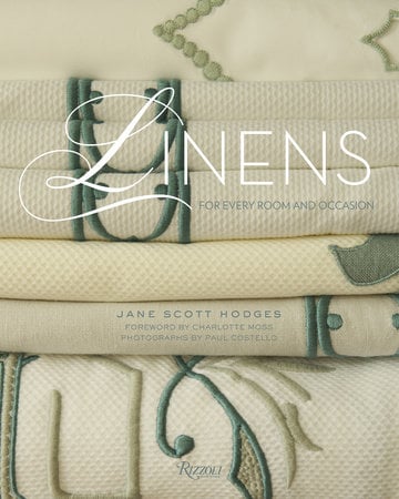 Cover of Linens: For Every Room and Occasion by Jane Scott Hodges, featuring layered cream and green embroidered linens with the book title in white lettering.