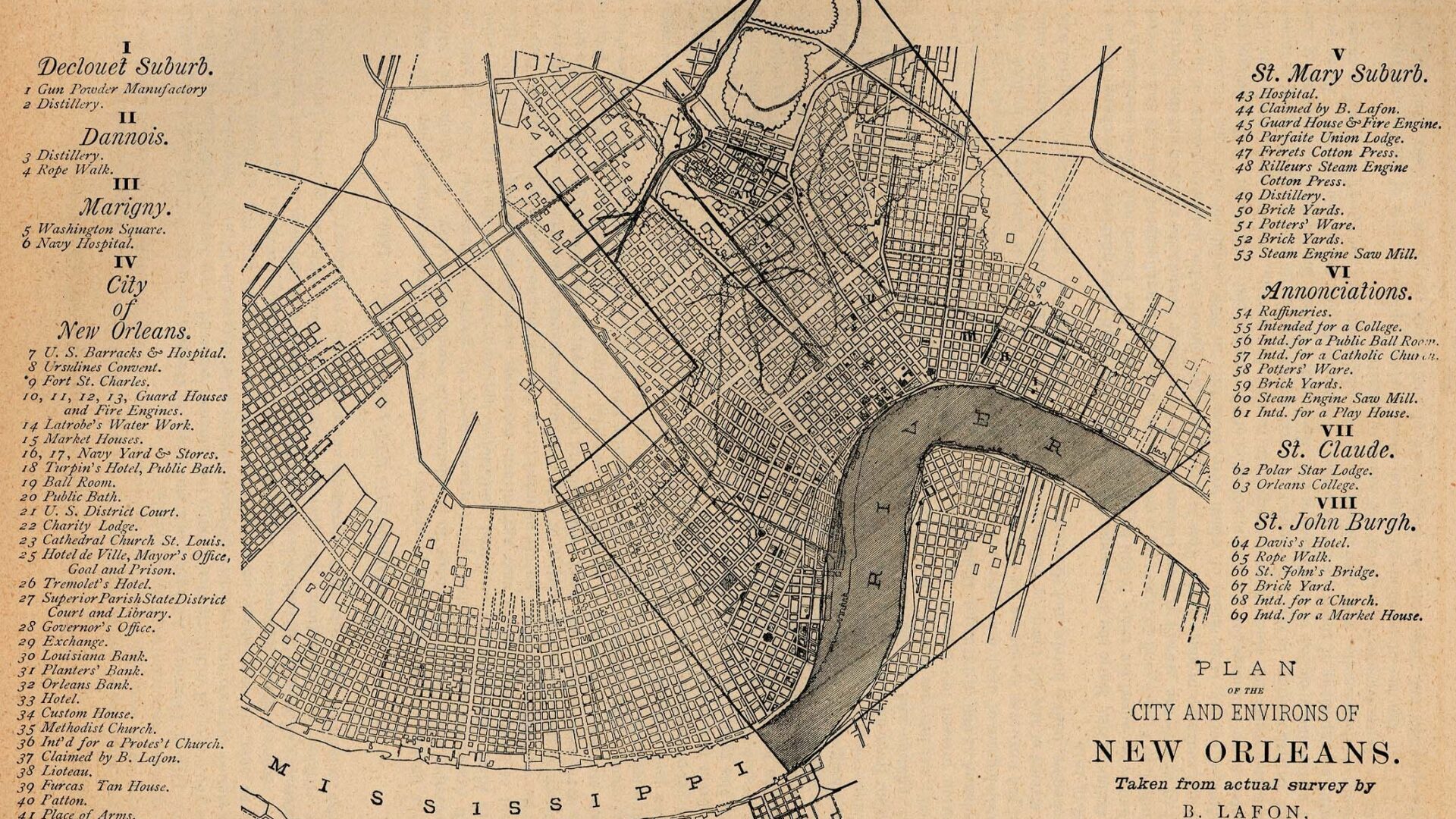 Map titled "Plan of the City and Environs of New Orleans," created by B. Lafon in 1816, depicting the early city, the Mississippi River, adjacent neighborhoods, and a legend of important sites.