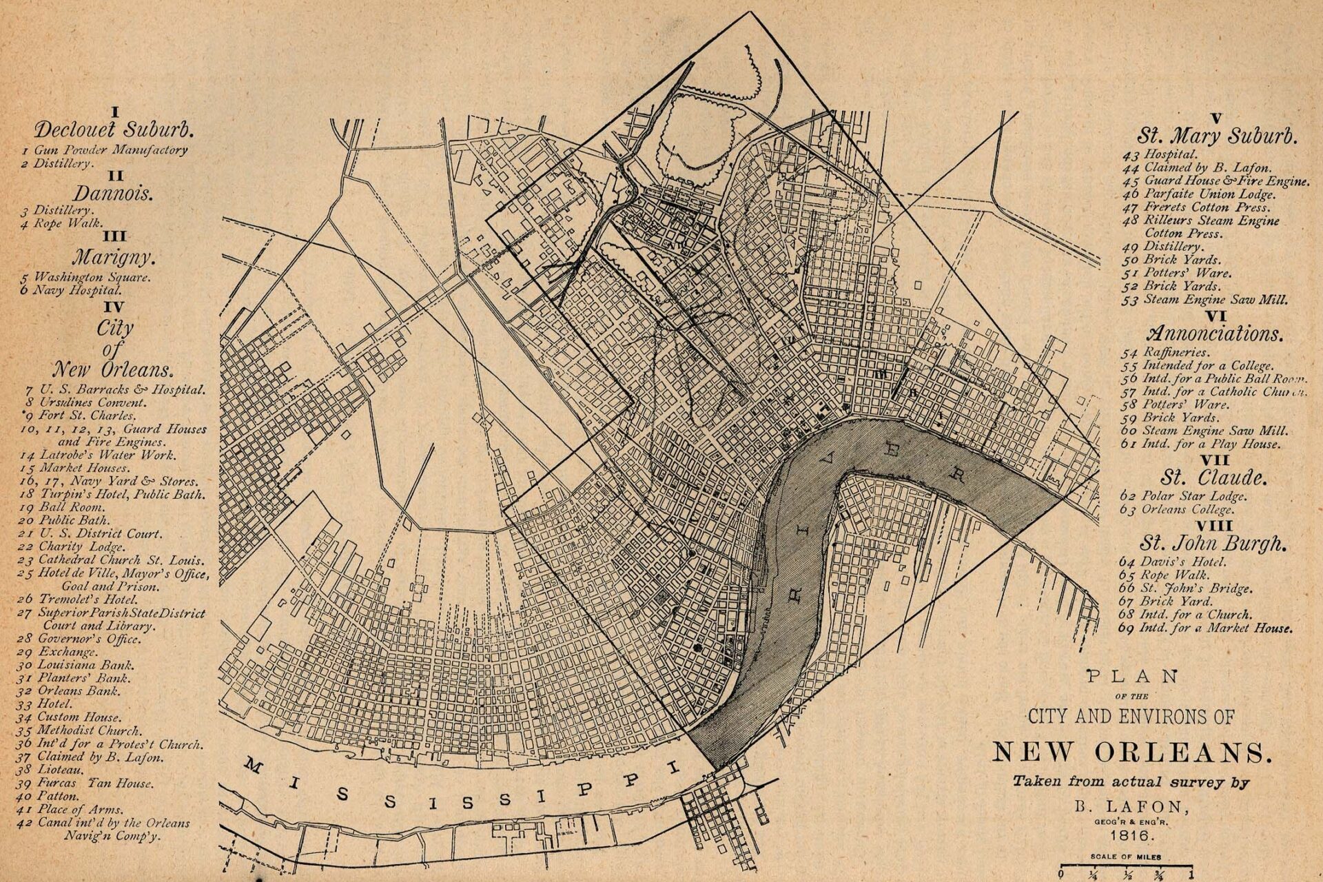 Map titled "Plan of the City and Environs of New Orleans," created by B. Lafon in 1816, depicting the early city, the Mississippi River, adjacent neighborhoods, and a legend of important sites.