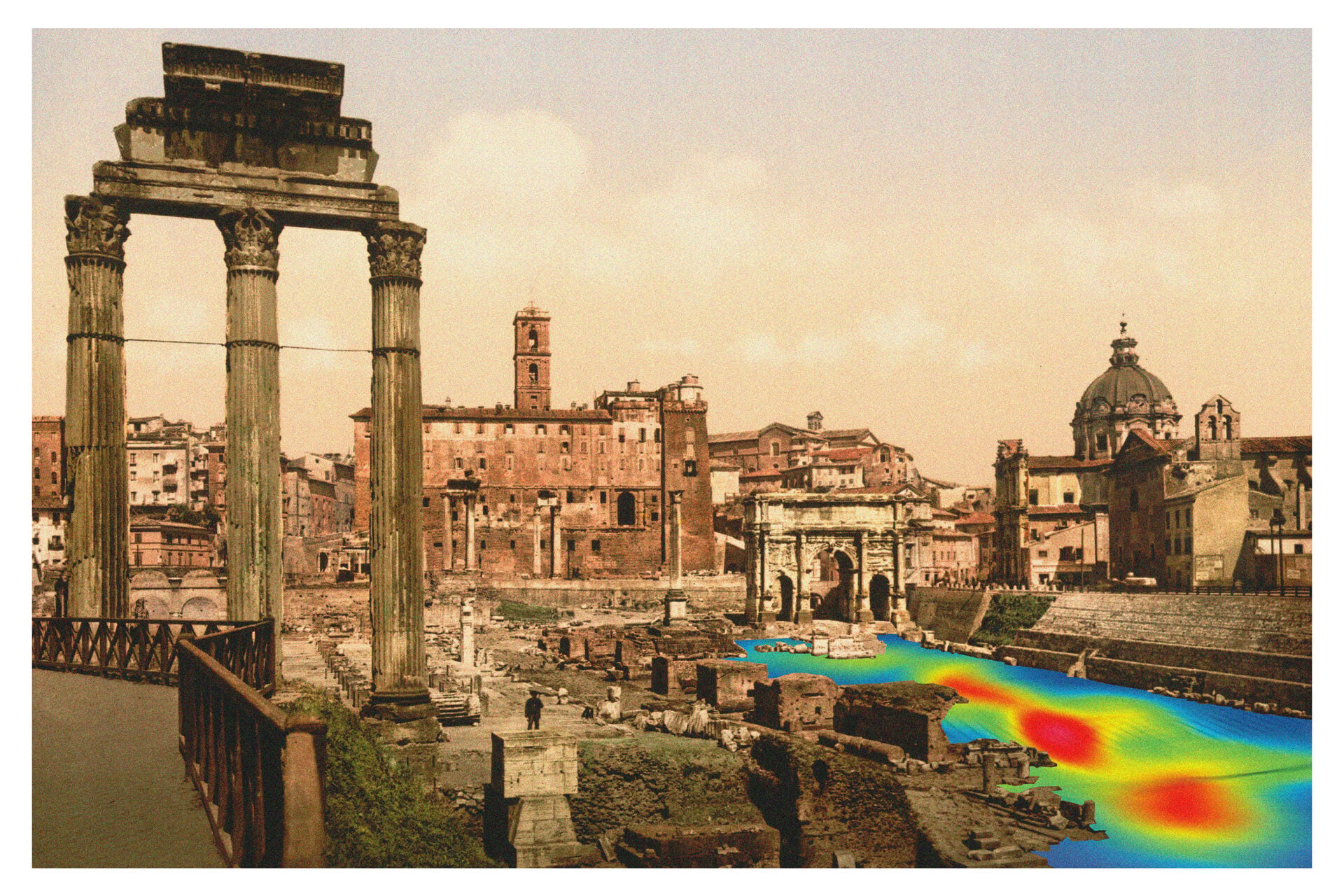 Historic view of the Roman Forum in Rome, with ancient columns, archaeological ruins, and surrounding historic buildings overlaid with a colorful heat map. Photo illustration by Geoff Manaugh; original photo courtesy of the Library of Congress.