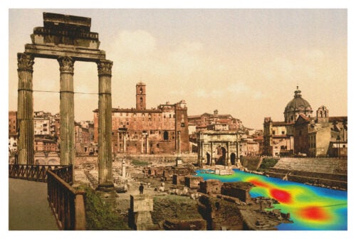 Historic view of the Roman Forum in Rome, with ancient columns, archaeological ruins, and surrounding historic buildings overlaid with a colorful heat map. Photo illustration by Geoff Manaugh; original photo courtesy of the Library of Congress.