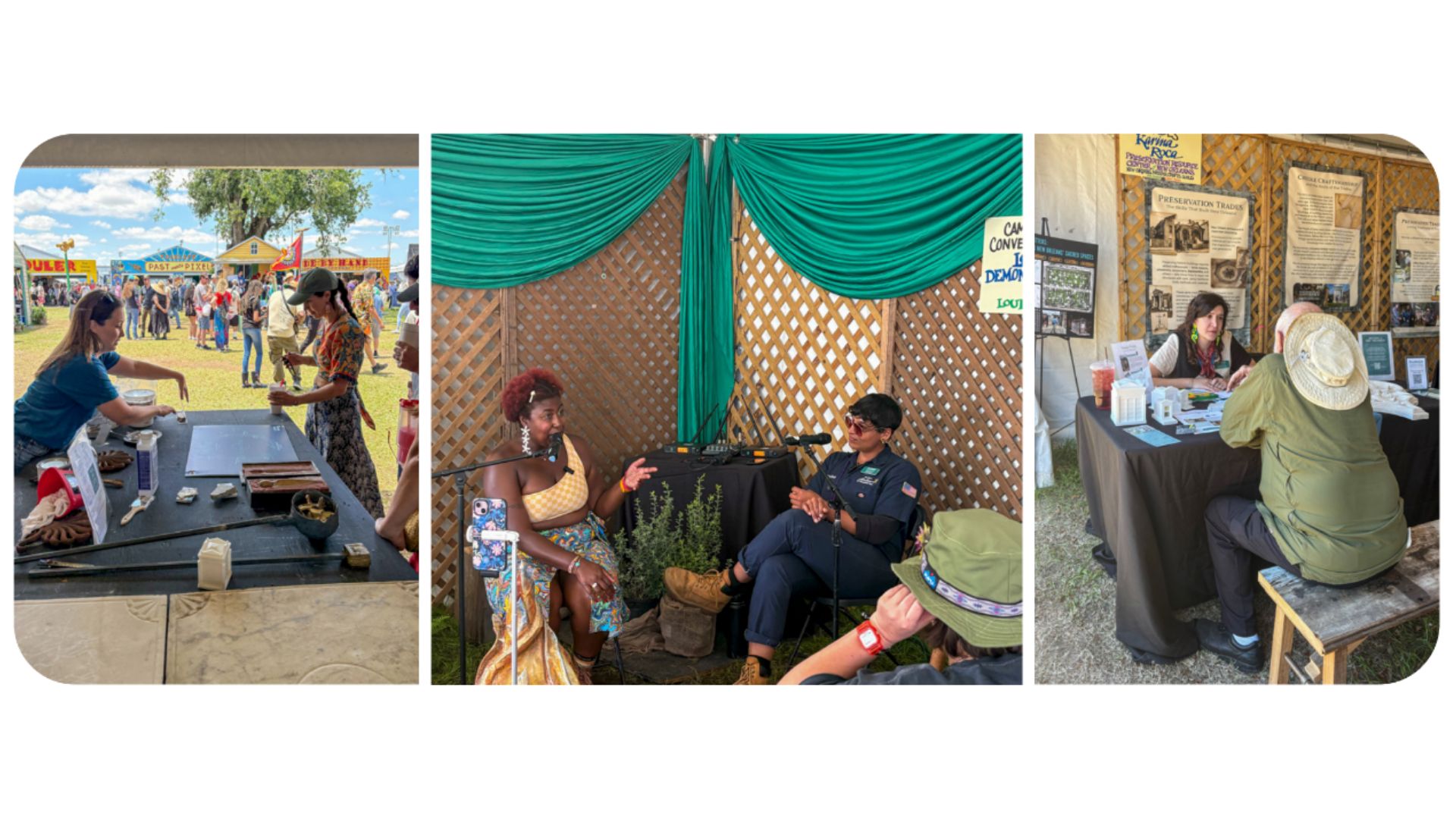 B2CC managers engage with visitors at Jazz Fest through hands-on demonstrations, a craft conversation, and information about preservation trades.