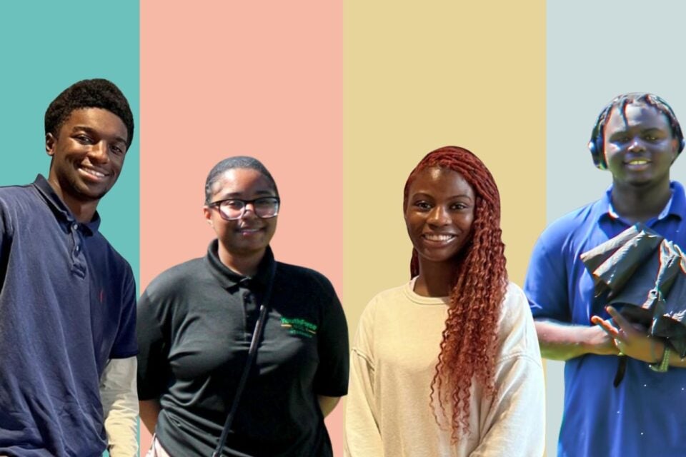 Four high school students participating in PRC’s summer internship program, posed side by side against colorful backgrounds.