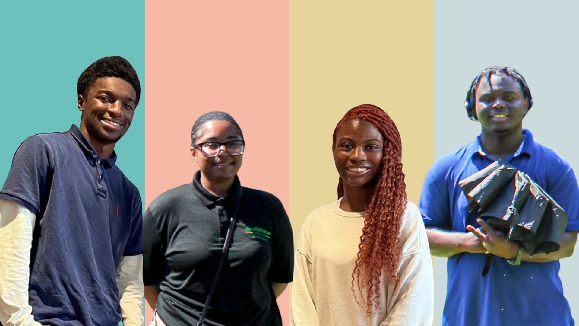 Four high school students participating in PRC’s summer internship program, posed side by side against colorful backgrounds.