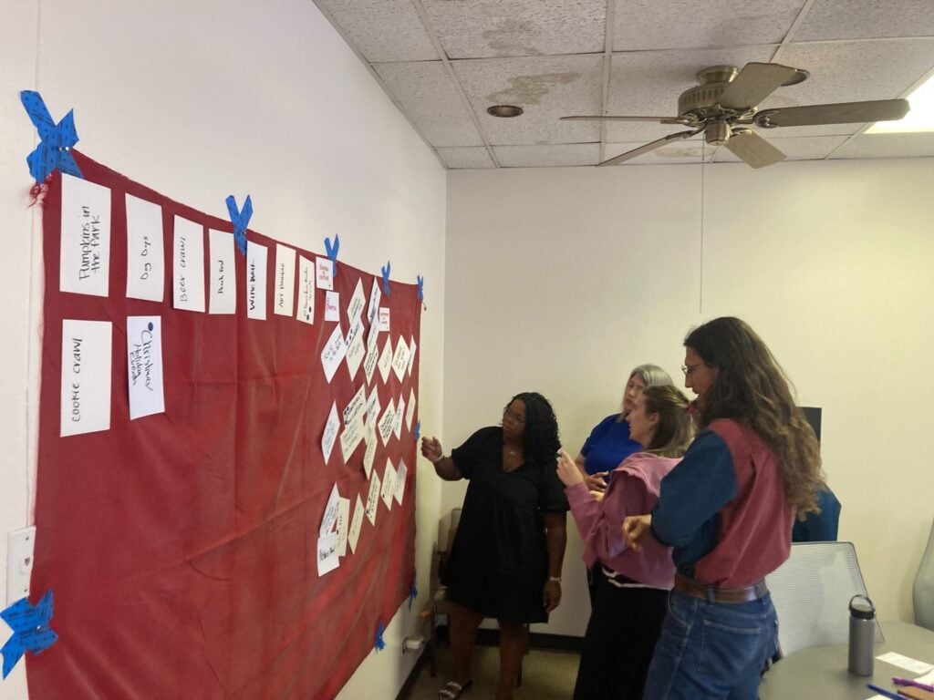 Participants review ideas on a wall-mounted work plan during a community planning workshop in Ruston, Louisiana.