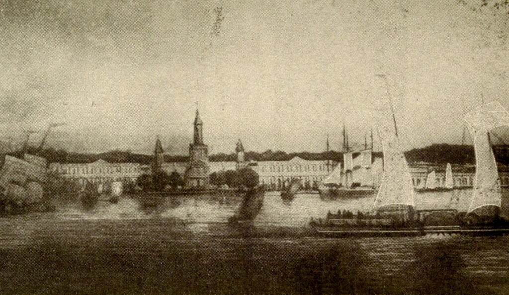 Historic sepia-toned image of Jackson Square in New Orleans around 1840, viewed from across the Mississippi River. Sailing vessels fill the foreground, with the buildings of the French Quarter and the cathedral’s central spire visible along the waterfront.