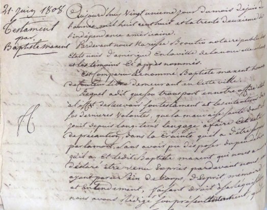 Handwritten French-language page from Baptiste Maxent’s 1808 will, preserved as a historical archival document.