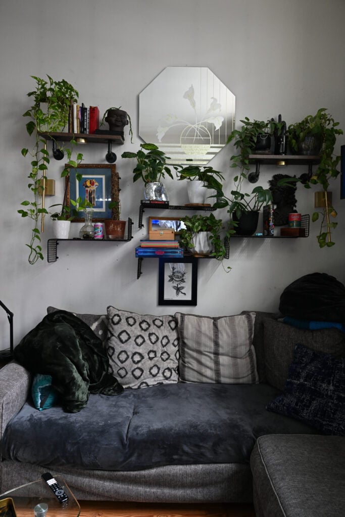 Plant-filled living room with wall-mounted shelves, artwork and decorative objects