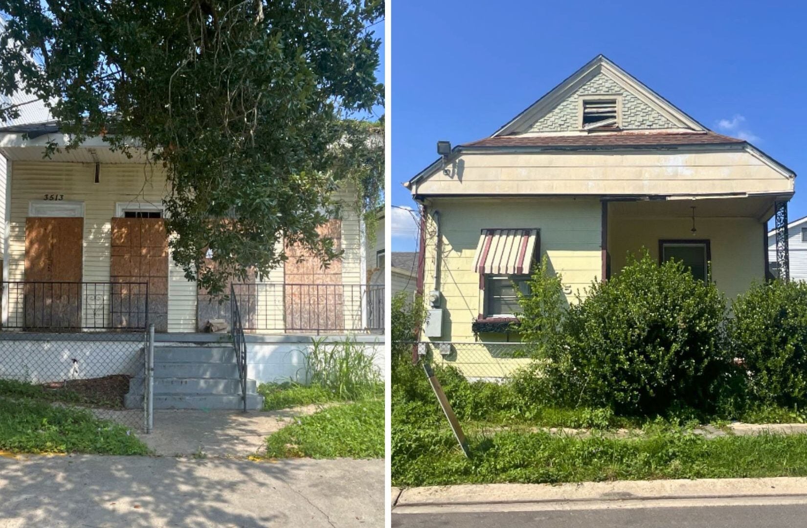 Side-by-side photos of two New Orleans houses involved in Historic District Landmarks Commission demolition requests. The house at 3511–3513 Danneel Street (left) has boarded windows and doors behind a chain-link fence, while the house at 2516–2518 Delachaise Street (right) has pale yellow siding, a front porch, and overgrown shrubs.