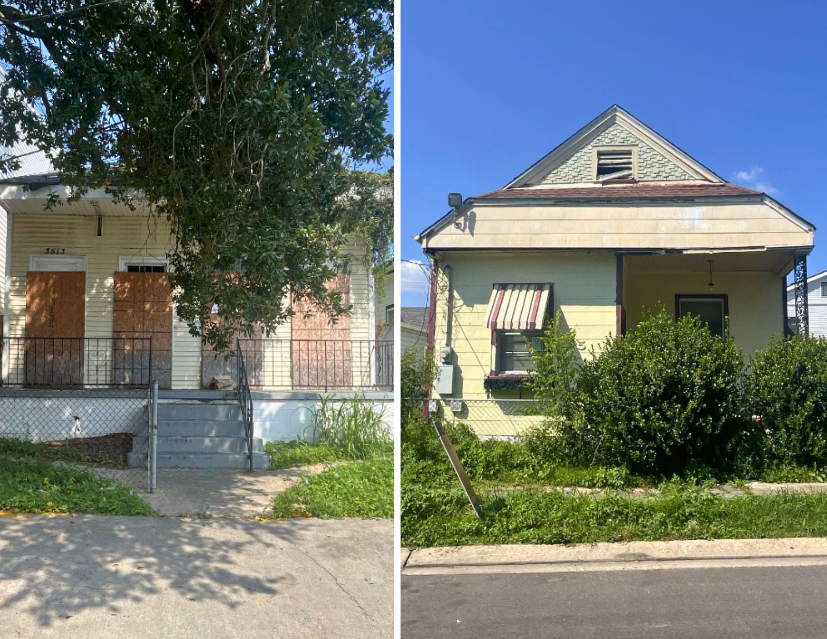Side-by-side photos of two New Orleans houses involved in Historic District Landmarks Commission demolition requests. The house at 3511–3513 Danneel Street (left) has boarded windows and doors behind a chain-link fence, while the house at 2516–2518 Delachaise Street (right) has pale yellow siding, a front porch, and overgrown shrubs.