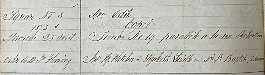 Handwritten cemetery interment record from 1873 for Odile Copelle, listing Tomb No. 19 in Square No. 3.