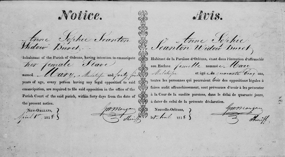 Bilingual French and English emancipation notice dated April 1818, in which Anne Sophie Seanton Buret announces her intention to emancipate an enslaved woman named Marie, age 45.