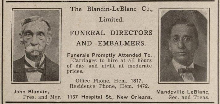 A vintage advertisement for Blandin-LeBlanc Co., funeral directors and embalmers, located at 1137 Hospital Street in New Orleans. The 1911–1914 directory ad features portraits of John Blandin, president and manager, and Mandeville LeBlanc, secretary and treasurer, alongside funeral service information and contact numbers. From reprints in the Dianne Honoré Montana collection.