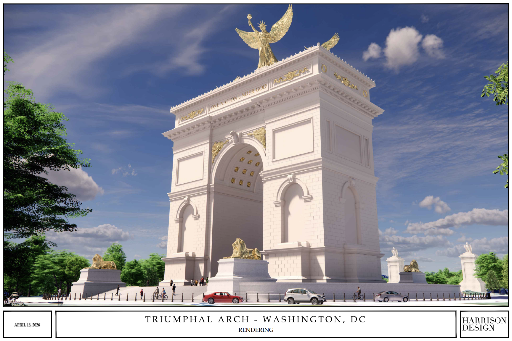 Rendering of a proposed 250-foot-tall triumphal arch near Washington, D.C., shown as a monumental white structure with gold ornamentation, sculptural figures, and a large central archway. The design is surrounded by trees, pedestrians, cyclists, and cars beneath a blue sky.